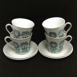 Figgjo Flint Coffee Cup Set: Turi Viking Floral Design, 70s Norwegian Moka Cups