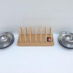 Egg cup set of 6 stainless steel 60s wooden Toast holder made in Denmark , breakfast set, vintage egg holder kitchen tools wood toast holder image 9