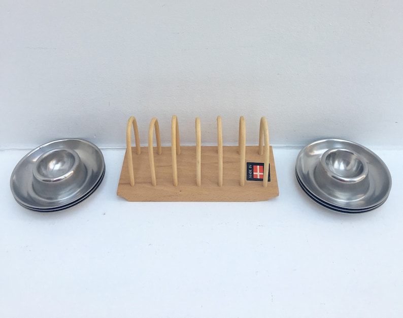 Egg cup set of 6 stainless steel 60s wooden Toast holder made in Denmark , breakfast set, vintage egg holder kitchen tools wood toast holder image 9