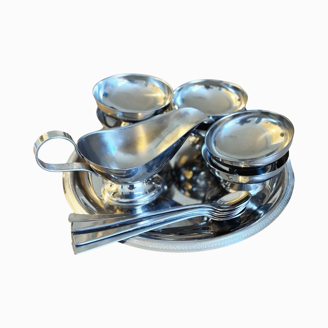 Lot 6 coupes à glace avec 6 cuillères et plateau inox 18/10
