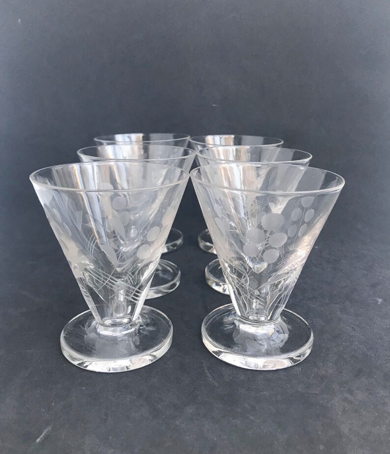 Vintage Liquor Glasses 6 Etched Crystal Footed Brandy Aperitif Etsy