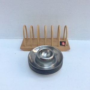 Egg cup set of 6 stainless steel 60s wooden Toast holder made in Denmark , breakfast set, vintage egg holder kitchen tools wood toast holder image 3