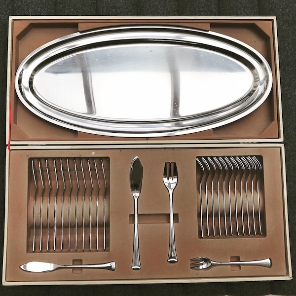 Couverts à poisson Service avec assiette ovale de service Couverts Français en acier inoxydable Vintage avec boite d'origine