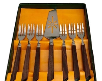 Cake server and fork set vintage rosewood, boxed Christmas gift for her stainless steel dessert cutlery forks set pie server Mid Century 60s