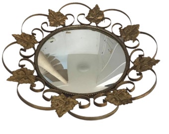 Convex Mirror with Golden  metal Frame leaves  Eye Witch French Vintage Gilt entrée bathroom  Gold Mirror, Gilt Mirror Hollywood Regency