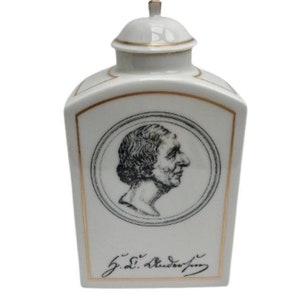 Pojemnik na herbatę Bing & Grondahl B i G Biały porcelanowy pojemnik Pojemnik na herbatę Hans Christian Andersen Dania Duński design prezent dla niej złote wykończenia