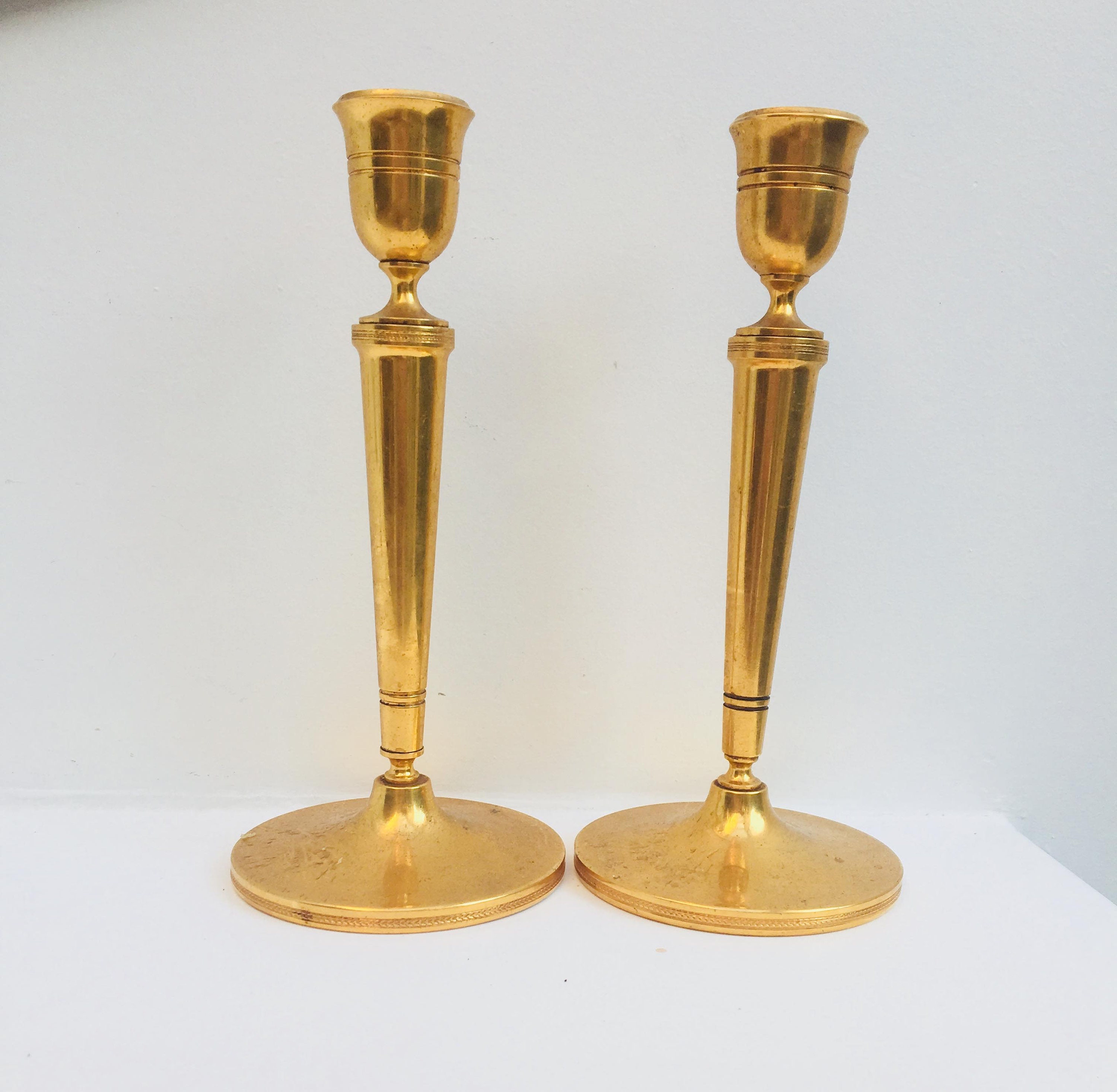 Golden Candlestick Pair of Heavy Cast Golden Art Deco Candle Etsy UK