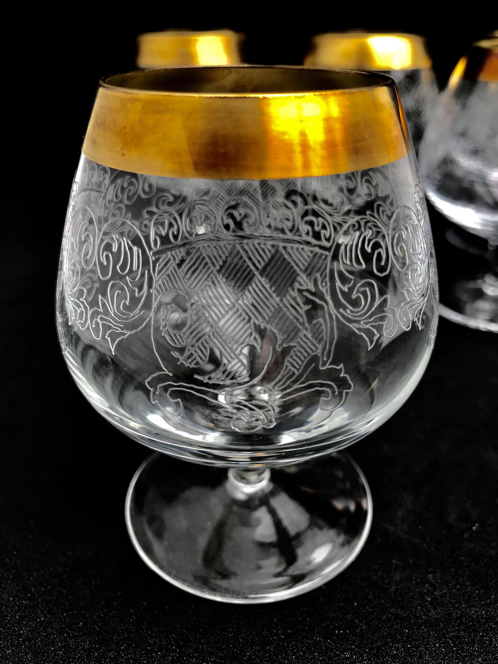Brandy cognac glasses vintage set 5 golden rim etched Mid | Etsy