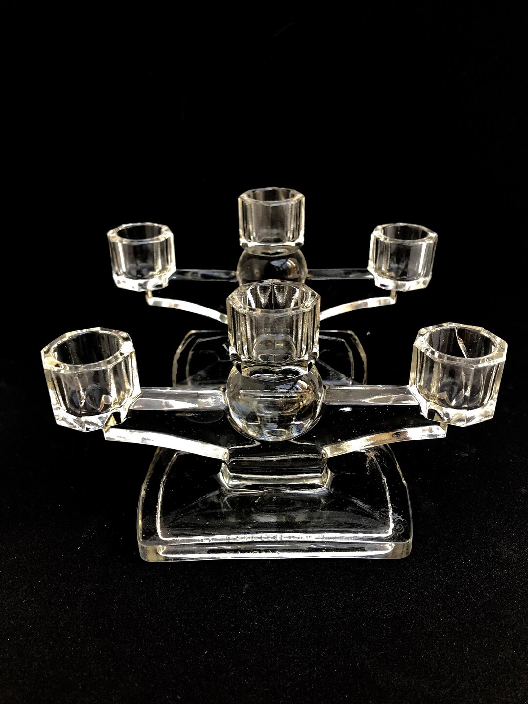 Art Deco Glass Candle Holders, Pair Candlestick Glass Vintage, Belgium