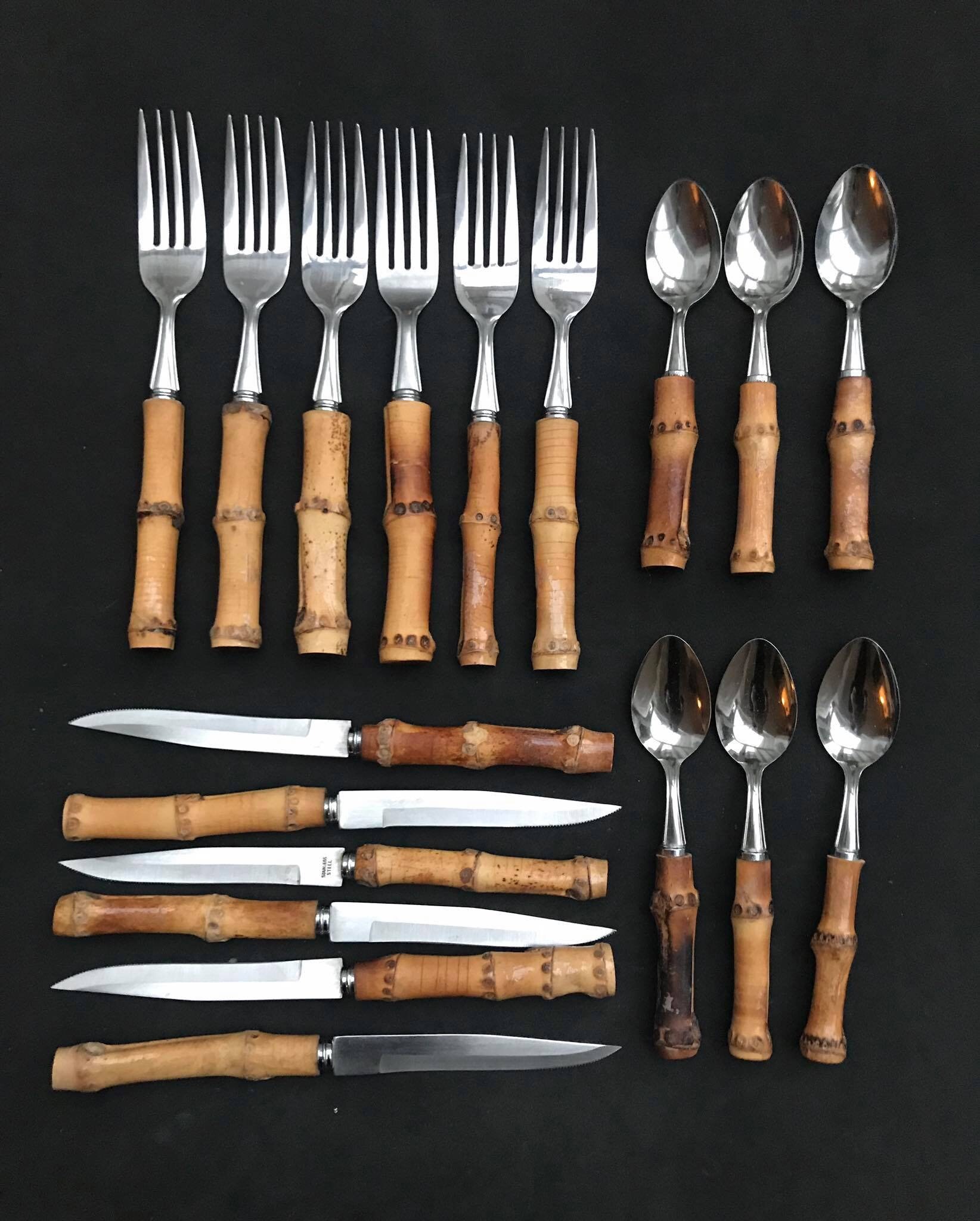 Bamboo flatware set Vintage Forks spoons knives 1960s Bamboo Etsy