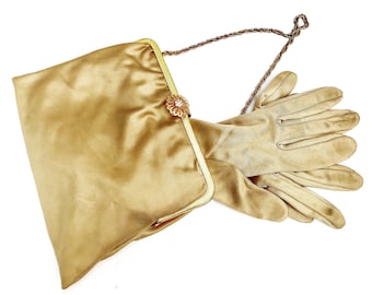 Handbag gloves Evening bag with matching long gloves beige and gold purse retro fashion accessories for vintage wedding Small Clutch Bag