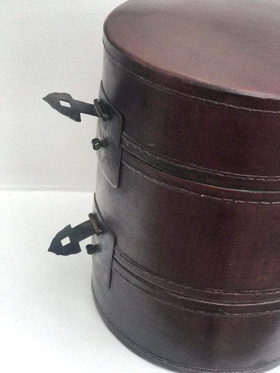 Hat Box Double Chinese Antique Leather Lacquered … - image 10