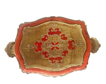 Florentine Golden rectangular Tray, Red and Gilt, Old Italian Plateau, 60s tray  in Florentine Style. Handmade  Decorated  antique painted