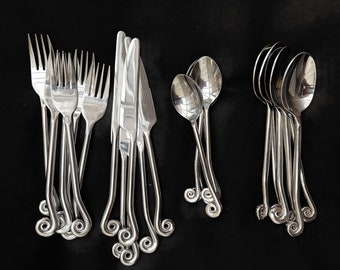 Set 24 Flatware Swirl twist cutlery French  twisted ends spiral ends Brutalist decor Medieval viking style handmade 6 gift wedding