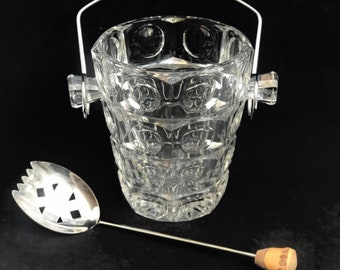 Ice Bucket Vintage Heavy Glass Bucket chromed Metal handle  50s. Carved, bar accessories, mid century modern vintage bar, cocktails gift him