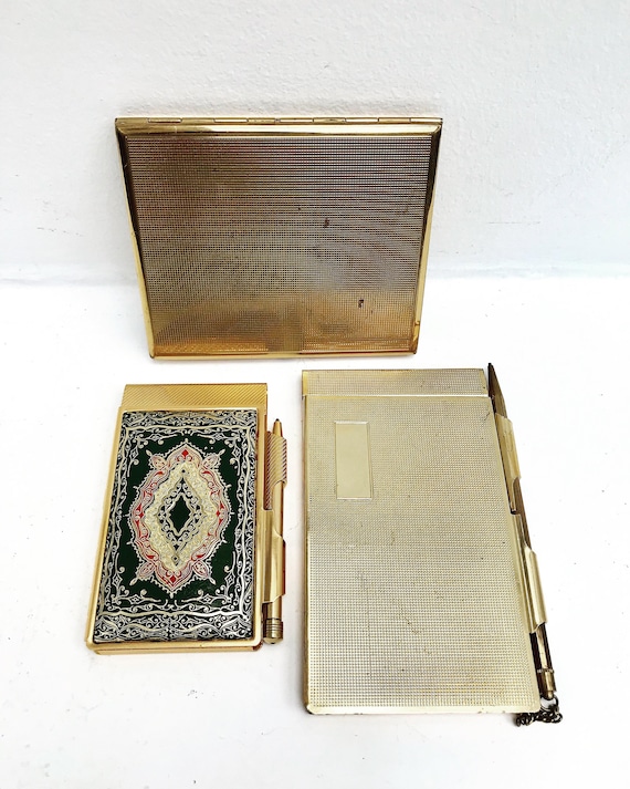 Notebook Case Vintage Pencil Gold  pocket Agenda leather Tone Metal vintage 1960s and a Square Compact Powder Metal Pocket Notepad telephone