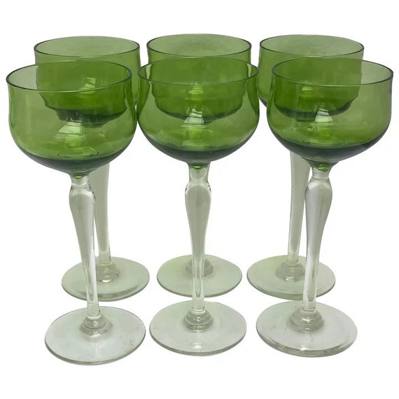 Val Saint Lambert Saumur Green Roemer Set 6 Wine Glasses 1930s hock  coupes crystal vintage 1920s cocktail gift for couple antique Belgian