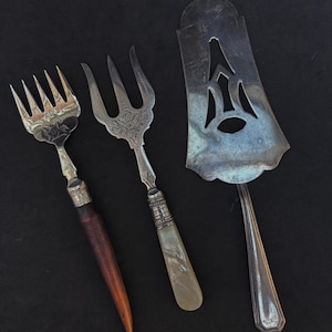Sardine Forks and Fish/pie server Victorian Silver plated decorative fork English Antique collection gift for hostess table gothic