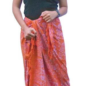 Handmade Batik Sarong: Orange Floral Beach Cover-Up with Free Buckle
