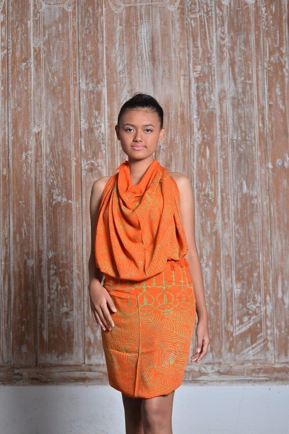 Orange Floral Batik Sarong: Handmade Rayon Beach Wrap
