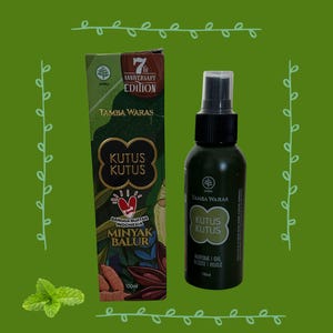 May include: An anniversary edition of Kutus Kutus oil, with a green bottle and box. The box features the text "Kutus Kutus" and "Minyak Balur". The bottle and box both have a capacity of 100ml.