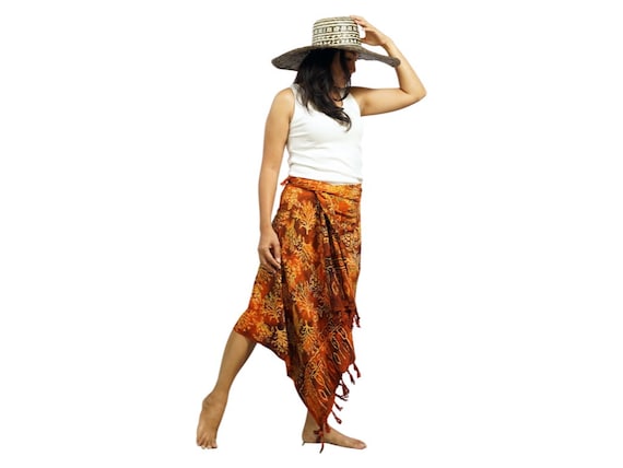 Handmade Batik Rayon Sarong: Orange Gold Beach Wrap
