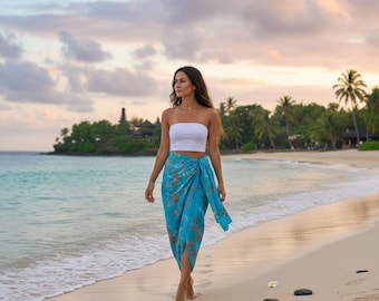 Sea Blue Batik Sarong: Handmade Rayon Beach Wrap - Floral Bali Cover-Up
