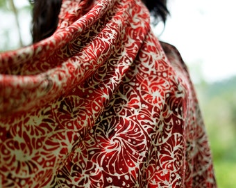 Red Floral Sarong: Handmade Batik Rayon Beach Cover-Up