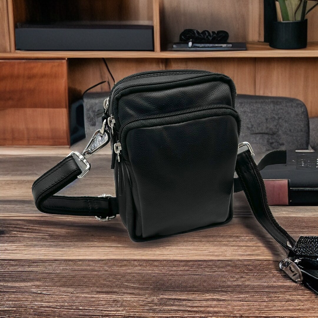 Black Leather Crossbody Bagsmultiple Pocketsleather Travel Etsy UK