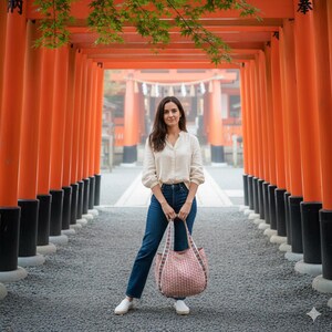 Extra Large Cotton Tote Bag | Sakura Floral Print, Striped Handle
