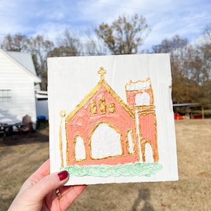 Church Painting on Wood Block with Gold and Texture | Church Art | Wood Art | Textured Painting | gift idea | religious gift