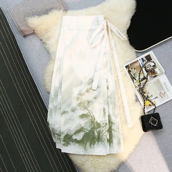 Seoulish Linen Cotton A-line Skirts for Women 2024 New Chinese Style Tie Up High Waist Mid Length Crotch Covering Pleated Skirts
