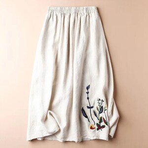 Vintage Cotton Linen Skirt Women Summer High Waist Embroidery Print A Line Midi Skirts Fashion Solid Loose Casual Skirt