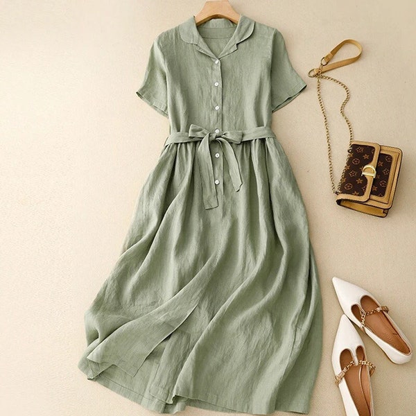 Cotton linen solid color lapel short-sleeved dress women's summer new Korean version of the retro literary tie casual dresses