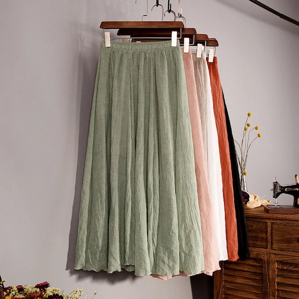 Cotton Linen Skirts For Women High Waist A-line Long Pleated Skirt Casual Solid Color Elastic Waist Summer Beach Skirt | Free Size