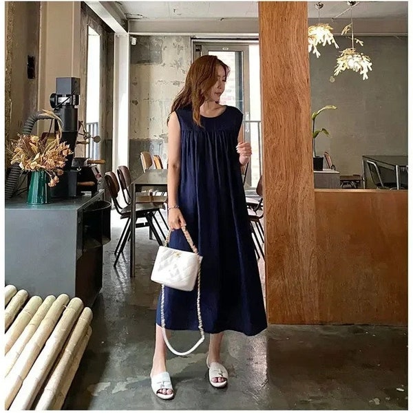 Cotton and Linen Sleeveless Dress for Women Summer Mid Length Casual Loose Solid Round Neck Women Dresses Summer