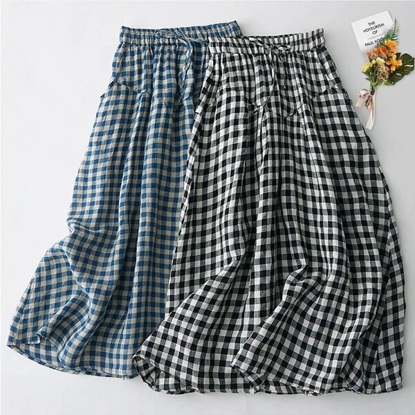 Cotton linen plaid half skirt women's spring and summer Korean fashion retro literary drawstring design high waist A-line skirt