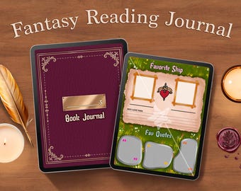 Könnte beinhalten: Zwei digitale Tablets, die ein "Fantasy Reading Journal" mit einem weinroten Einband und einer Journalseite mit Feldern für "Favorite Ship" und "Fav Quotes" anzeigen. Eine Feder, eine Kerze und ein Wachssiegel sind ebenfalls vorhanden.