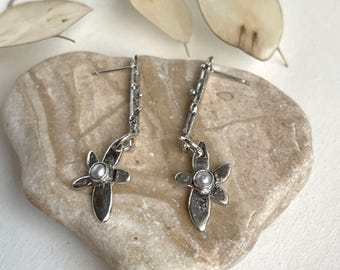 Handmade one of a kind original design sterling silver pearl floral earrings