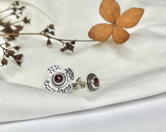 Handmade original design sterling silver and garnet gemstone floral mismatched stud earrings girls jewellery