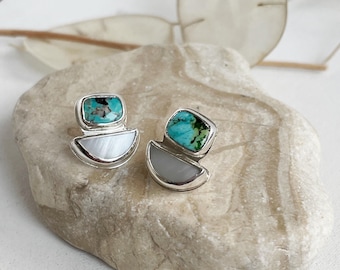 Handmade one of a kind original design sterling silver turquoise and shell earrings