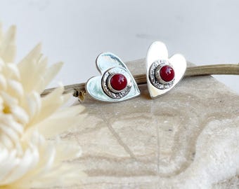 handmade Sterling silver and red coral loveheart stud earrings