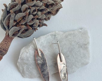 Handmade sterling silver and recycled copper floral leaf rustic finish earrings