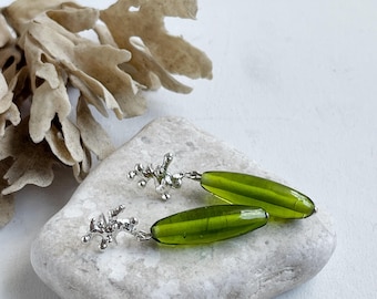 Handmade one of a kind original design sterling silver vintage glass bead floral earrings