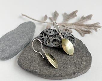 Handmade one of a kind sterling silver recycled brass  floral leaf earrings rustic design made in Ireland