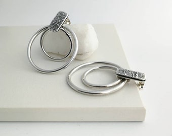 Handmade one of a kind original design rustic sterling silver stud hoop earrings