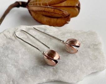 Handmade original design rustic style floral recycled copper and silver dangle earrings