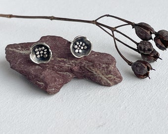 Handmade oxidised sterling silver floral earrings