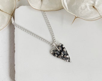 Handmade rustic design oxidised sterling silver loveheart pendant on a chain.