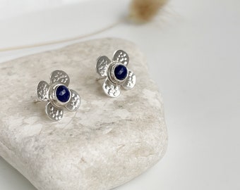 Handmade sterling silver Lapis Lazuli gemstone flower stud earrings girls jewellery made in Ireland